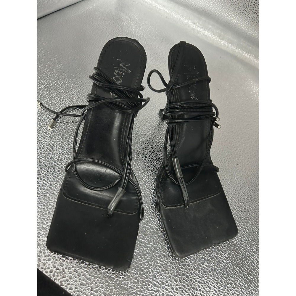 Nicky Black Square Toe Lace Up Wrap Around Thong Stiletto Heels Womens Size 10‎